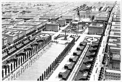Otto Wagner: XXII. Wiener Gemeindebezirk: Vogelschau des Luftzentrums aus der Studie >Die Großstadt< Otto Wagner: XXII. Wiener Gemeindebezirk: Vogelschau des Luftzentrums aus der Studie >Die Großstadt<