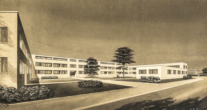Ernst Plischke im Department of Housing Construction: Perspektive für ‚multi-units‘ in Mount Eden, Auckland (1940) – © EAP Nachlass Akademie der bildenden Künste, Wien