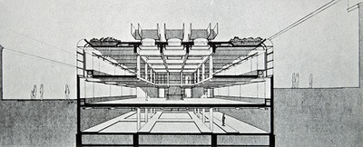 Hans Puchhammer, Gunther Wawrik, Perspektivischer Querschnitt durch die Mehrzweckhalle, Quelle: bauforum 57/58, 1976
